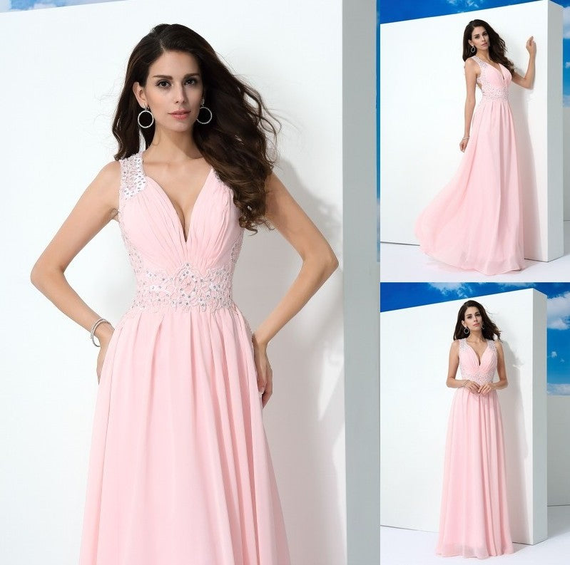 Beading A-Line/Princess Sleeveless Straps Long Chiffon Dresses