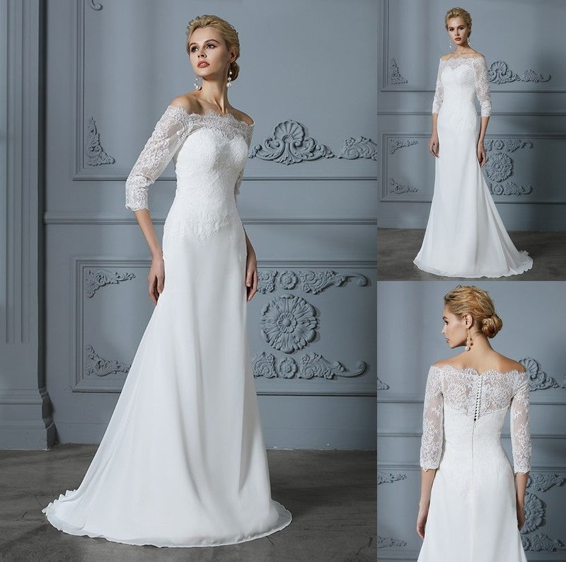 Sweep/Brush Sleeves Off-the-Shoulder 1/2 Train Trumpet/Mermaid Chiffon Wedding Dresses