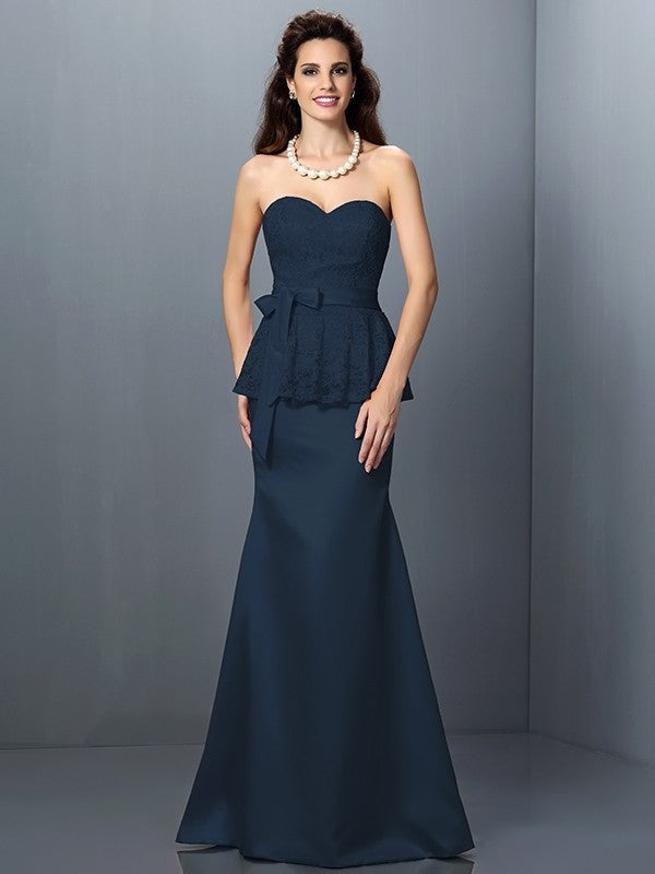 Trumpet/Mermaid Lace Sweetheart Sleeveless Long Satin Bridesmaid Dresses