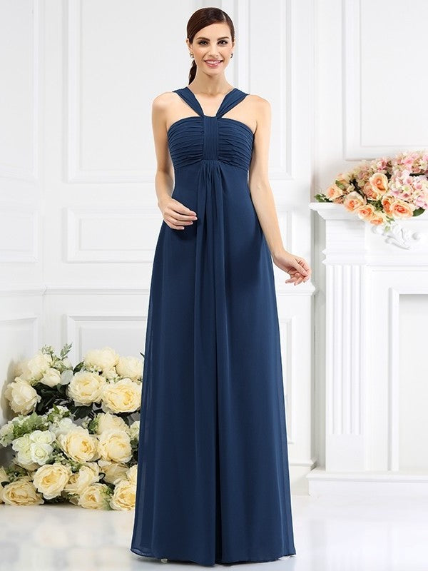 Straps Sleeveless Long A-Line/Princess Pleats Chiffon Bridesmaid Dresses