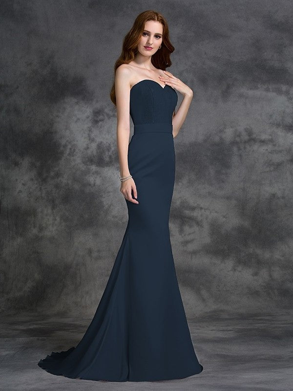 Sweetheart Long Beading Trumpet/Mermaid Sleeveless Satin Chiffon Bridesmaid Dresses