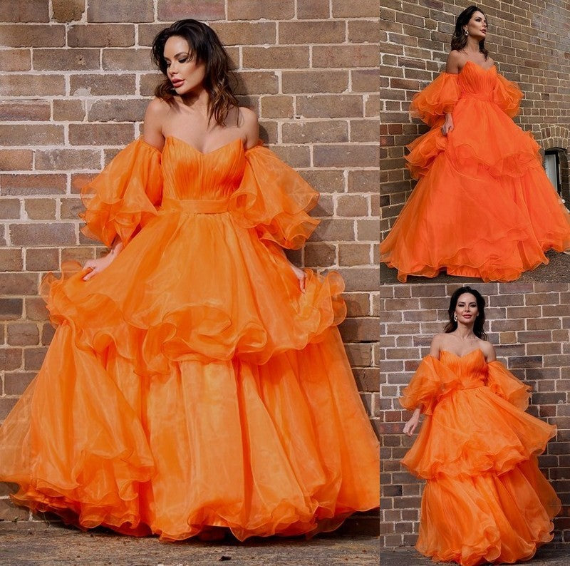 Long A-Line/Princess Off-the-Shoulder Layers Organza Sleeves Floor-Length Dresses