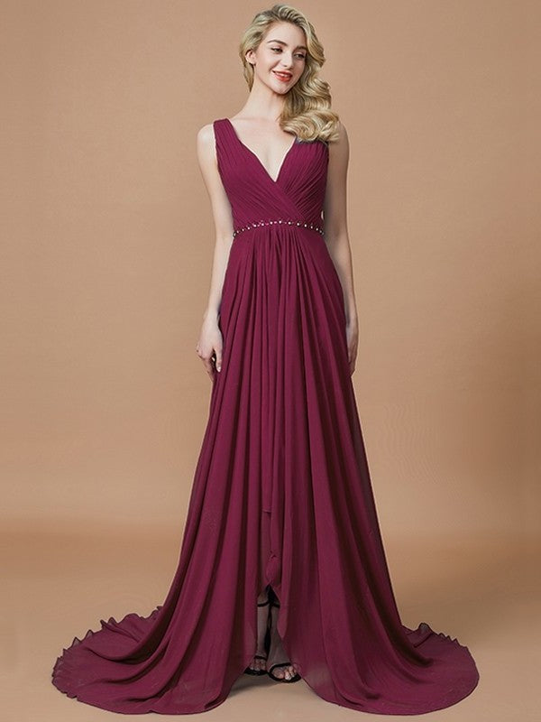 V-neck Chiffon Sleeveless Sweep/Brush A-Line/Princess Train Bridesmaid Dresses