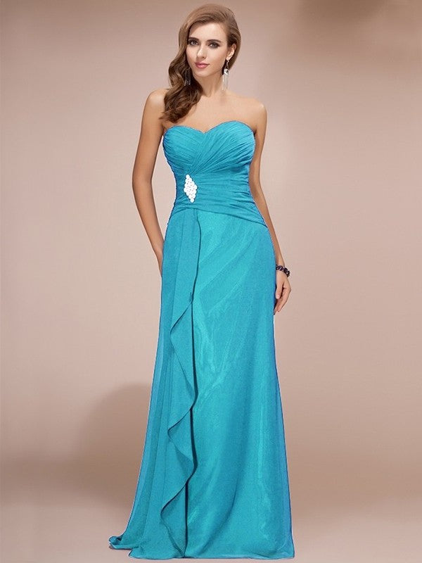 Sleeveless Sheath/Column Long Beading Sweetheart Ruffles Chiffon Bridesmaid Dresses