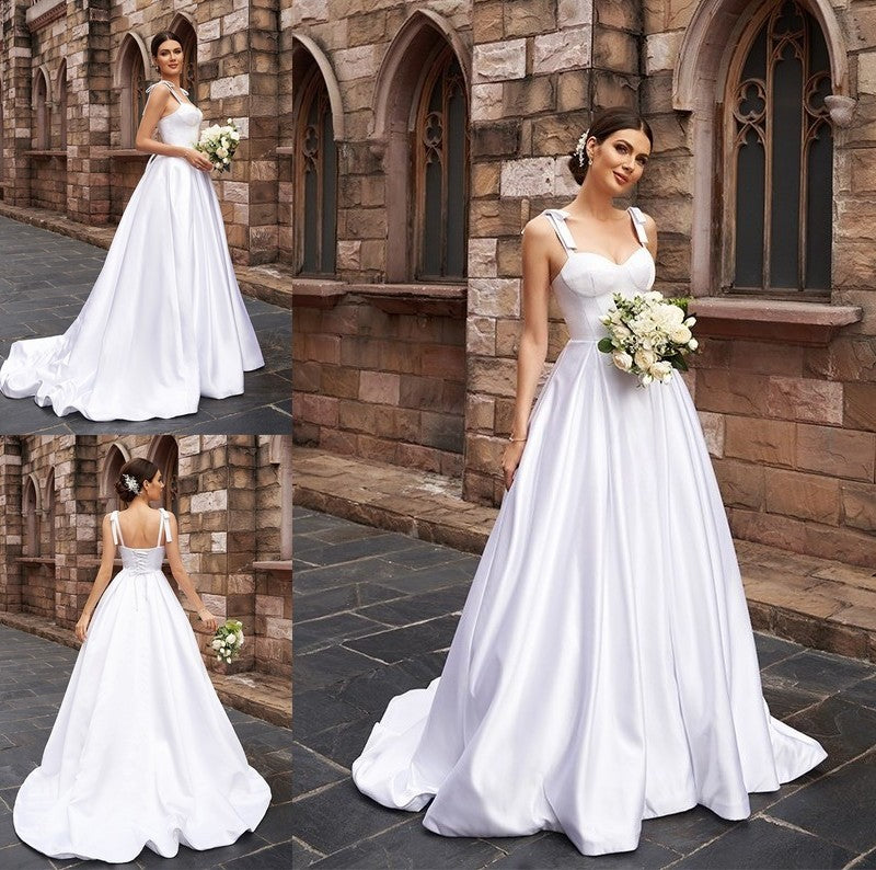 Straps A-Line/Princess Ruffles Satin Sleeveless Sweep/Brush Train Wedding Dresses