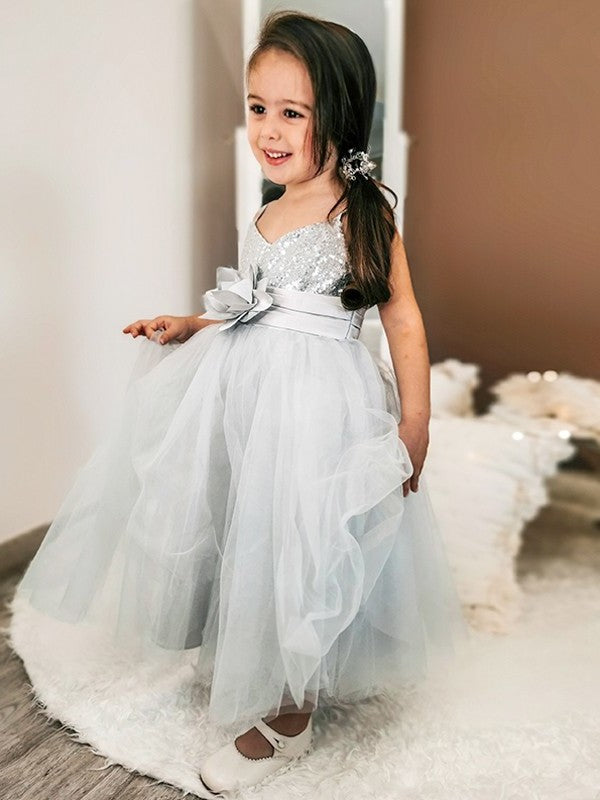 Straps Sleeveless Spaghetti Sequin Tulle A-Line/Princess Tea-Length Flower Girl Dresses