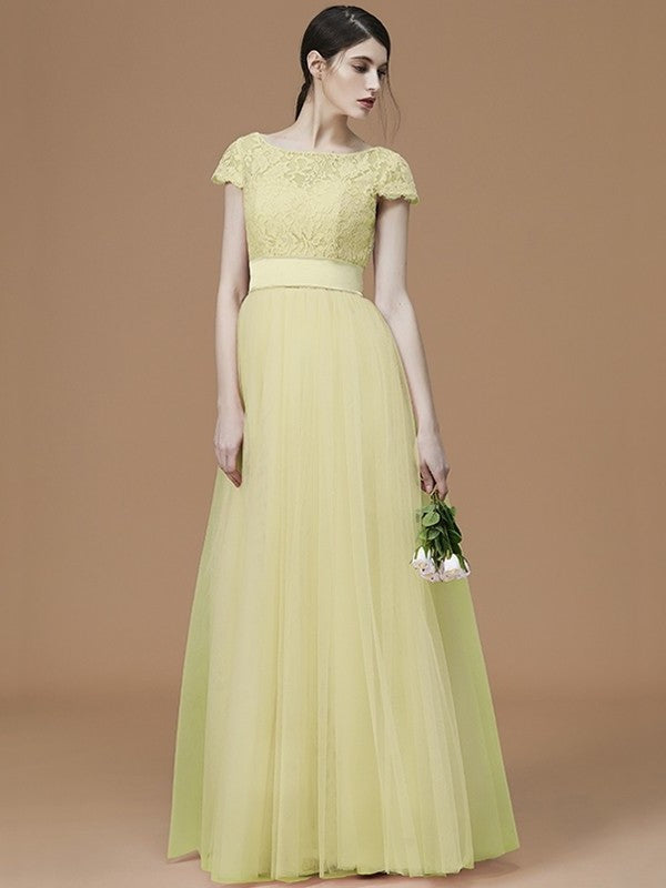 Sleeves Sash/Ribbon/Belt Short A-Line/Princess Bateau Floor-Length Tulle Bridesmaid Dresses