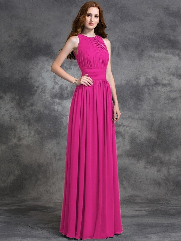 Sleeveless Long A-line/Princess Ruched Jewel Chiffon Bridesmaid Dresses