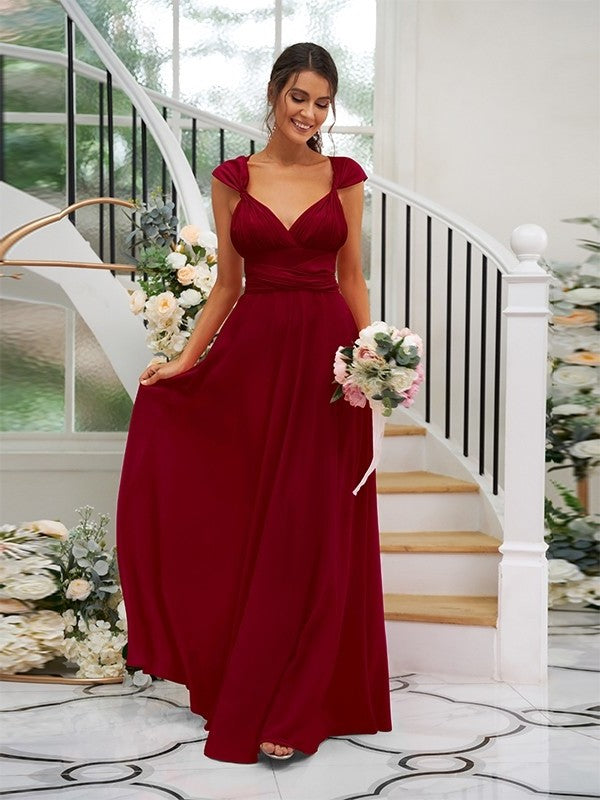 Ruched Jersey Sleeveless A-Line/Princess V-neck Floor-Length Bridesmaid Dresses