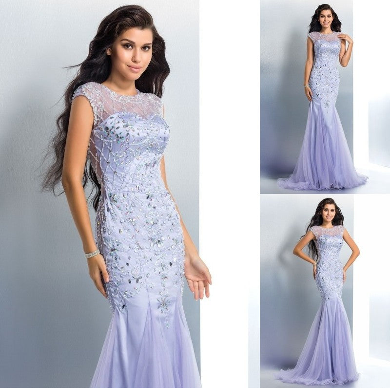 Beading Sleeveless Sheer Trumpet/Mermaid Neck Long Satin Dresses