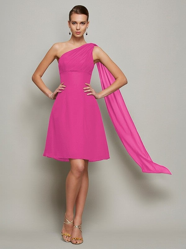 A-Line/Princess One-Shoulder Sleeveless Short Pleats Chiffon Bridesmaid Dresses