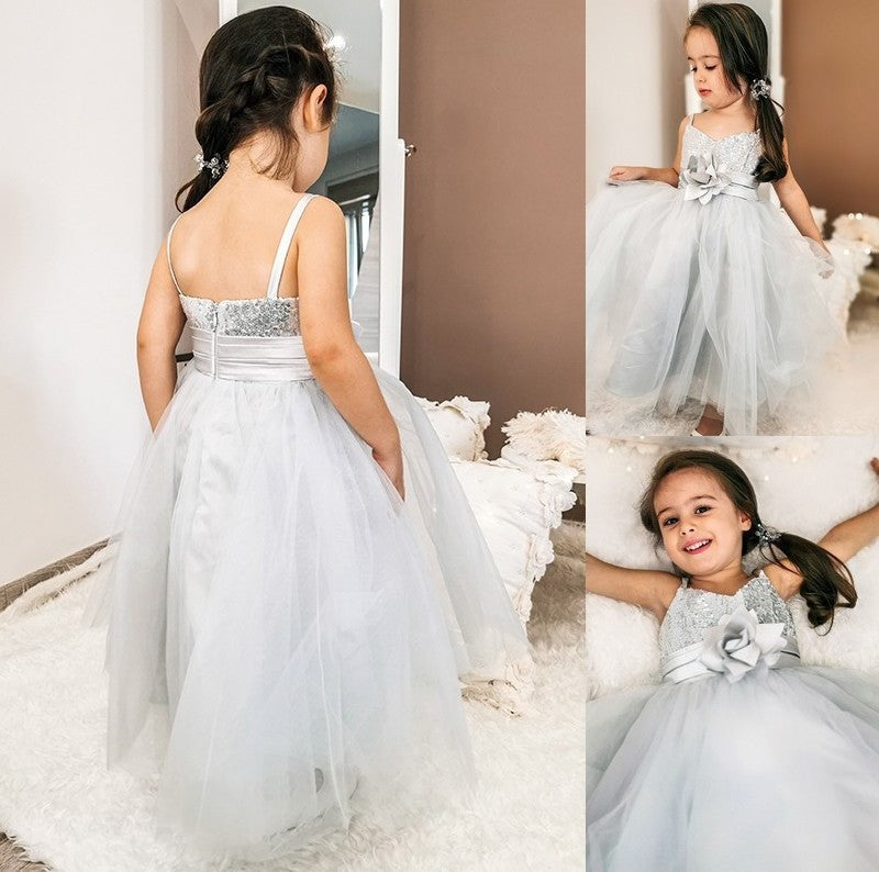 Straps Sleeveless Spaghetti Sequin Tulle A-Line/Princess Tea-Length Flower Girl Dresses