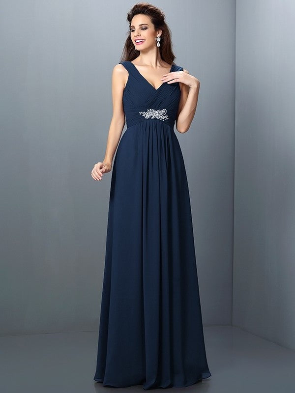 Long Beading A-Line/Princess Sleeveless Pleats V-neck Chiffon Bridesmaid Dresses