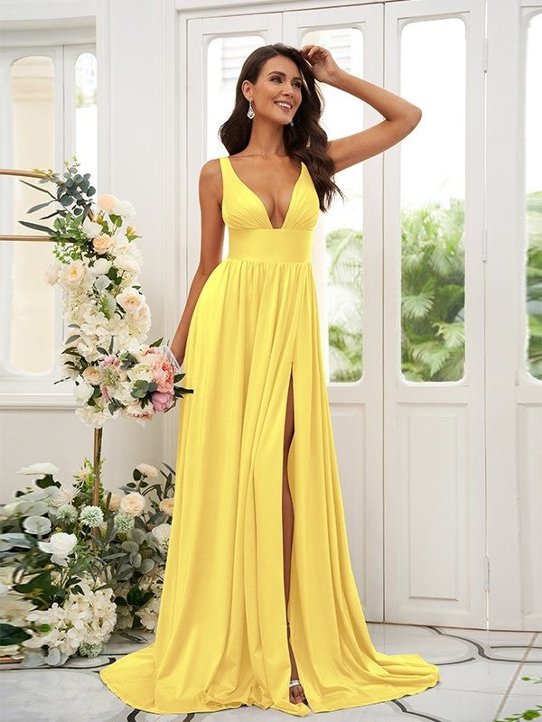 Sweep/Brush Ruffles Jersey A-Line/Princess Sleeveless V-neck Train Bridesmaid Dresses