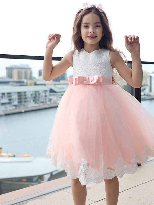 Sleeveless Short/Mini Bowknot A-Line/Princess Lace Scoop Flower Girl Dresses