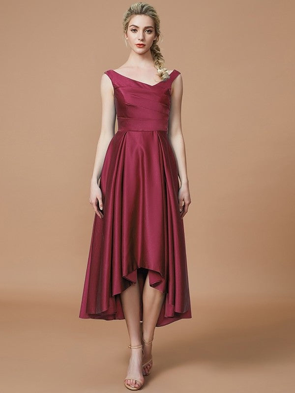 V-neck Asymmetrical A-Line/Princess Satin Sleeveless Bridesmaid Dresses