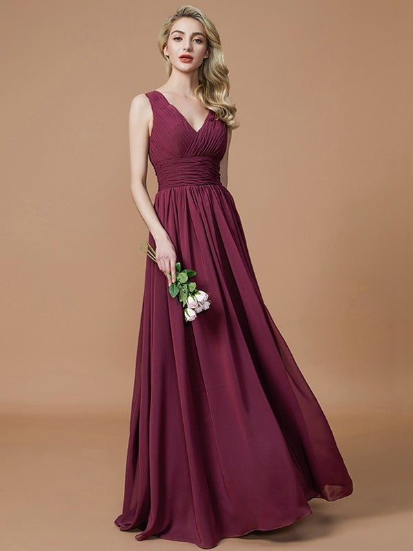 V-neck A-Line/Princess Floor-Length Sleeveless Chiffon Bridesmaid Dresses