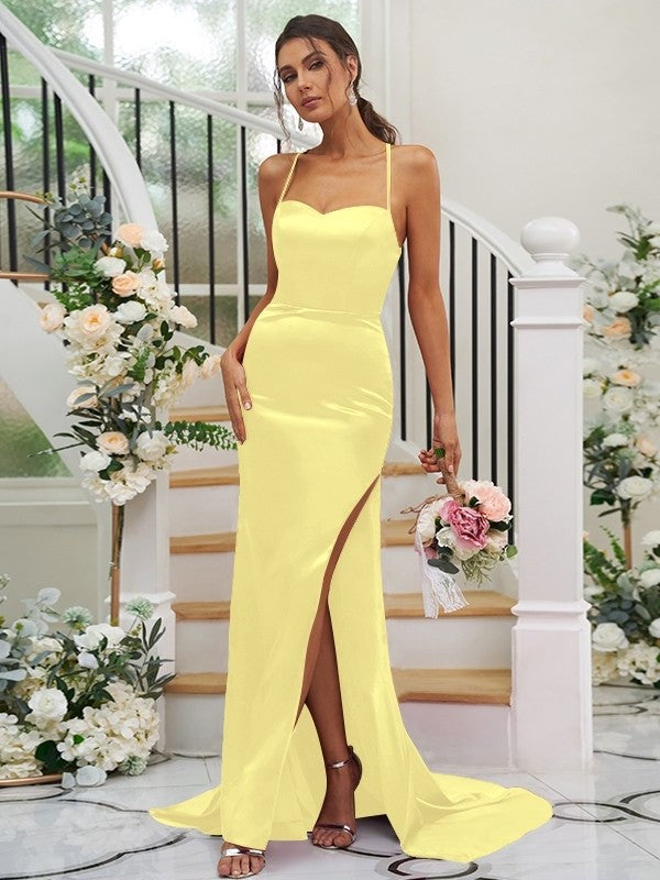 Square Sleeveless Elastic Woven Satin Ruched Sweep/Brush Sheath/Column Train Bridesmaid Dresses