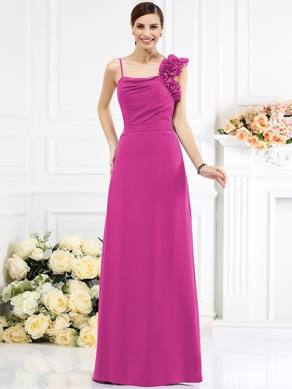 Spaghetti Hand-Made Sheath/Column Long Flower Sleeveless Straps Chiffon Bridesmaid Dresses