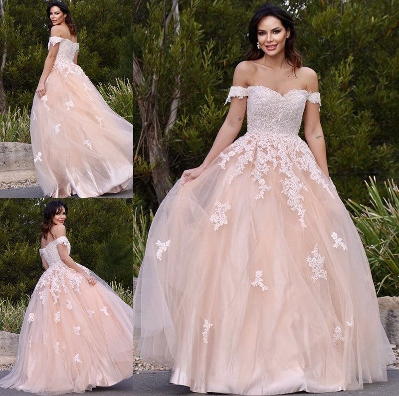 Off-the-Shoulder Applique Tulle A-Line/Princess Sleeveless Floor-Length Dresses