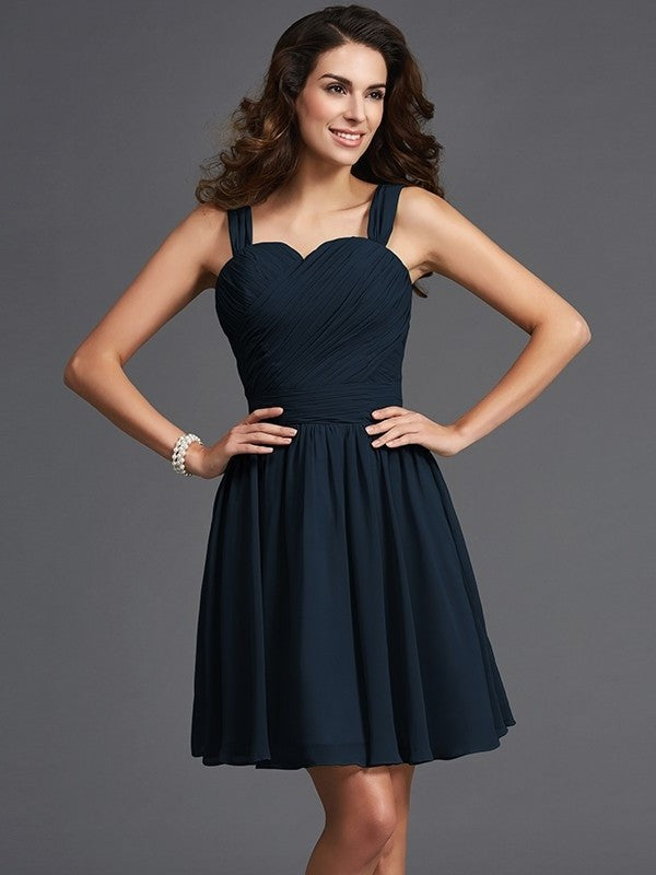 Straps Short Sleeveless A-Line/Princess like Ruffles Silk Satin Bridesmaid Dresses