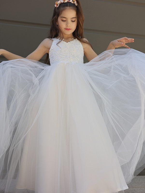 Bowknot Tulle Sweetheart Floor-Length A-Line/Princess Sleeveless Flower Girl Dresses