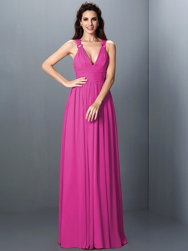 V-neck Pleats Long Sleeveless A-Line/Princess Chiffon Bridesmaid Dresses