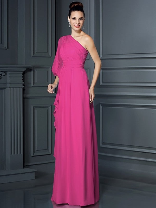 3/4 Sheath/Column Long One-Shoulder Sleeves Chiffon Bridesmaid Dresses