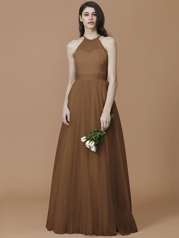 Halter Sleeveless Ruffles Floor-Length A-Line/Princess Tulle Bridesmaid Dresses