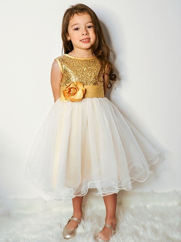 Scoop Sleeveless A-Line/Princess Tea-Length Organza Sequin Flower Girl Dresses