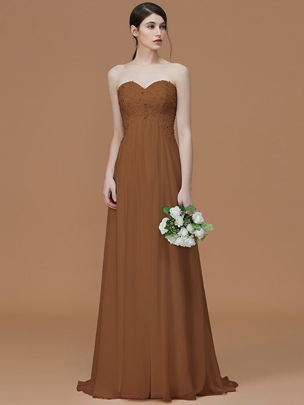 Sweep/Brush A-Line/Princess Train Beading Sleeveless Sweetheart Chiffon Bridesmaid Dresses