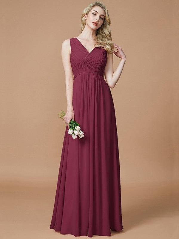 V-neck Ruched Floor-Length Sleeveless A-Line/Princess Chiffon Bridesmaid Dresses