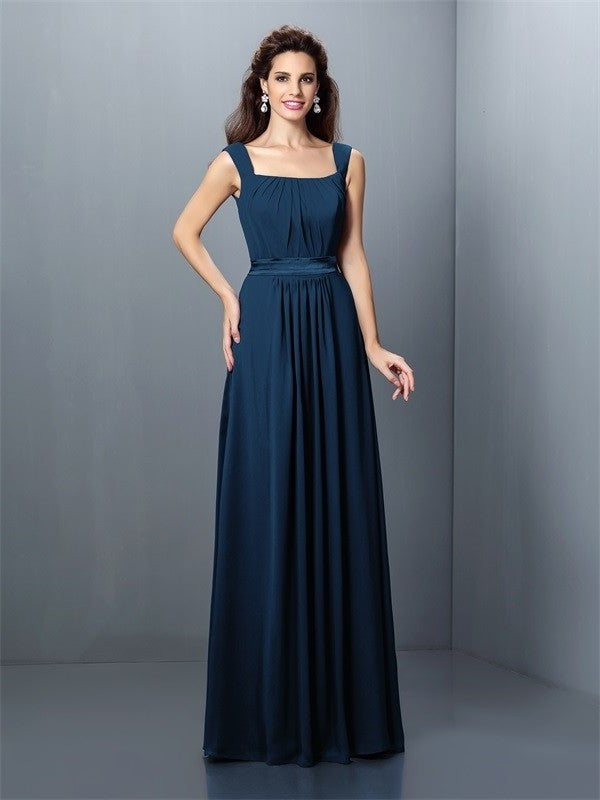 Square Sleeveless Pleats Long A-Line/Princess Chiffon Bridesmaid Dresses