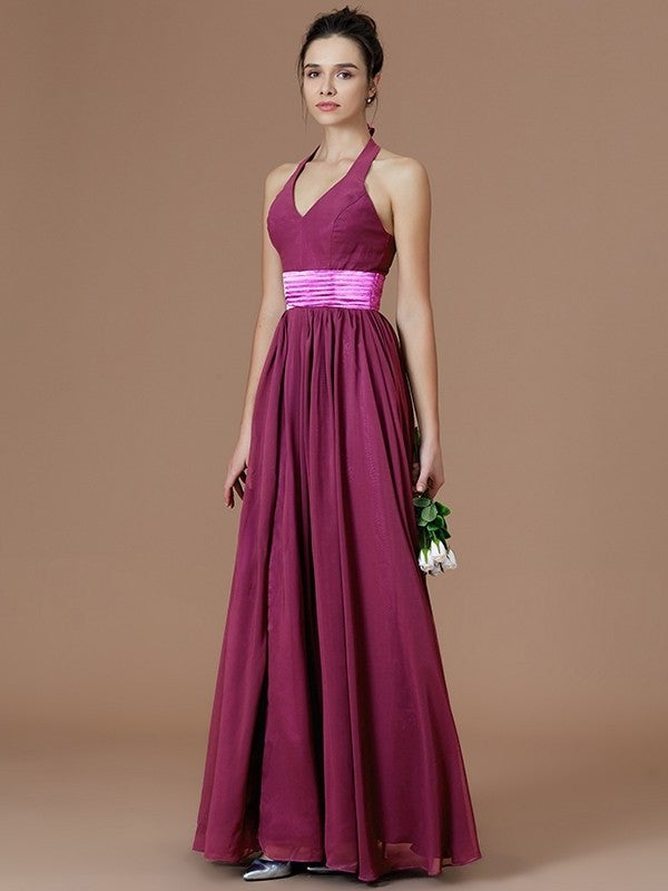 Floor-Length Sleeveless Halter A-Line/Princess Sash/Ribbon/Belt Chiffon Bridesmaid Dresses