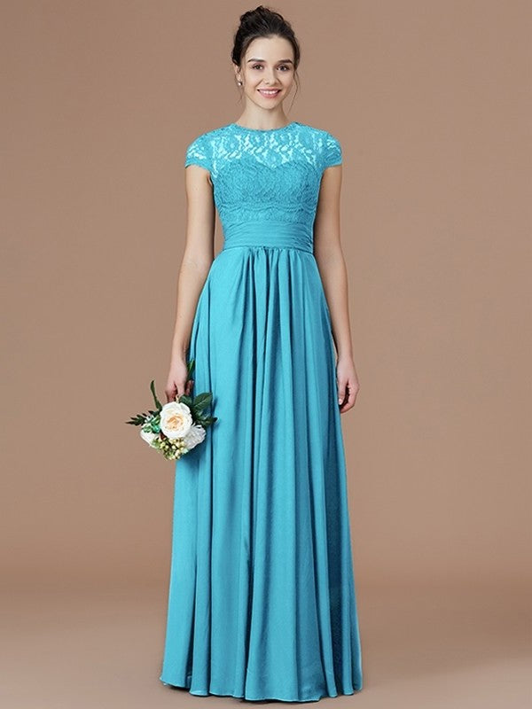 Lace Sleeves Jewel A-Line/Princess Short Floor-Length Chiffon Bridesmaid Dresses