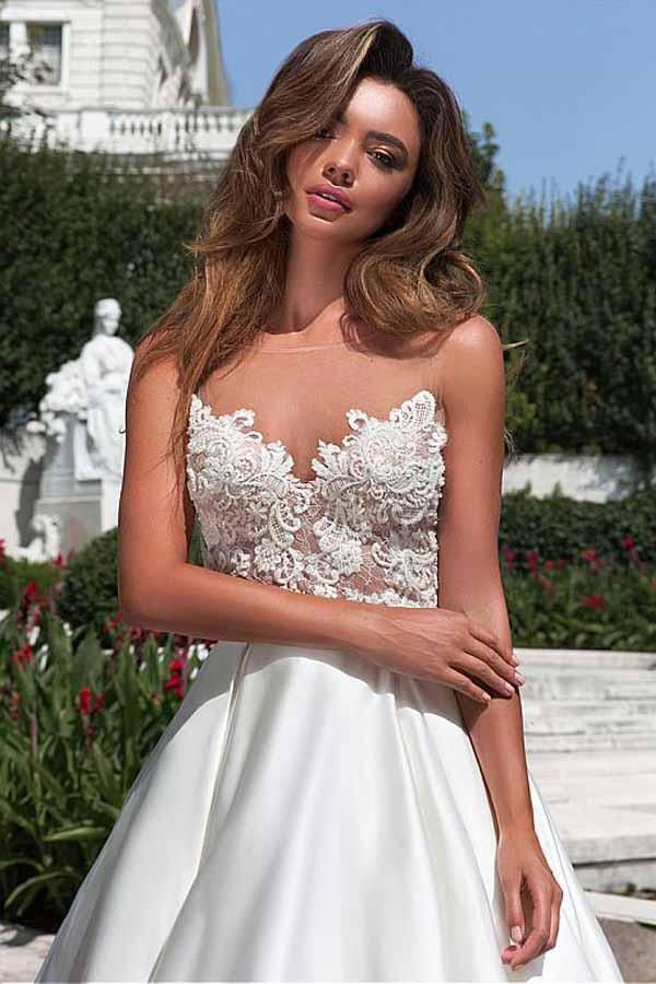 Satin Neckline A-line Open Back Lace Wedding Dress With Pockets Lace Appliques JS497