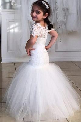 Long Short Sleeves Mermaid Lace Appliques Tulle Flower Girl Dress Wedding Party