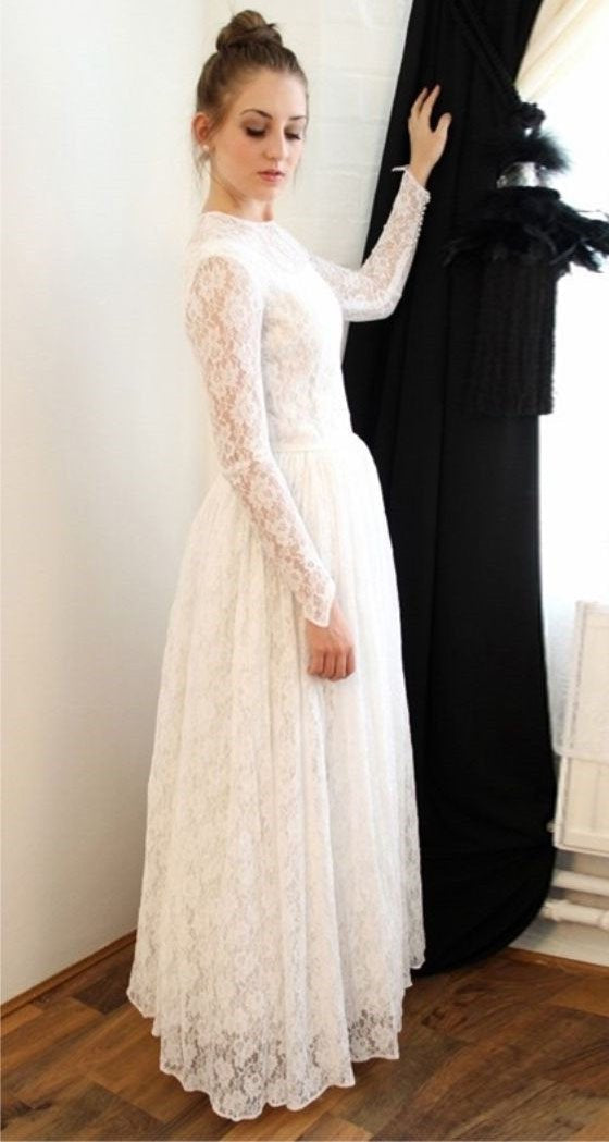 Elegant Princess Long Sleeve A Line Lace High Neck Ivory Long Wedding Dresses