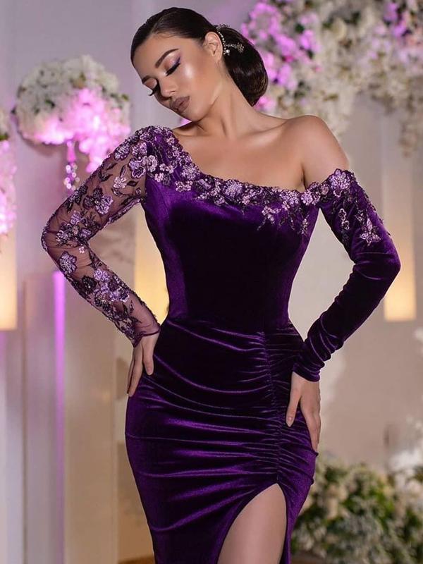 Violet Purple Elegant Velvet One-shoulder Lace Side-slit Mermaid Long Bridesmaid Dress