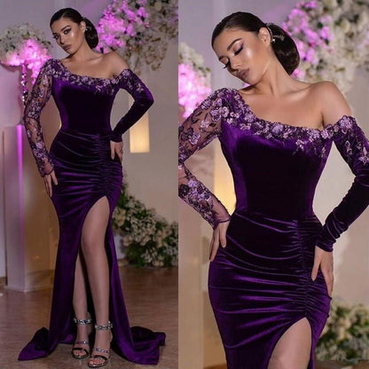 Violet Purple Elegant Velvet One-shoulder Lace Side-slit Mermaid Long Bridesmaid Dress