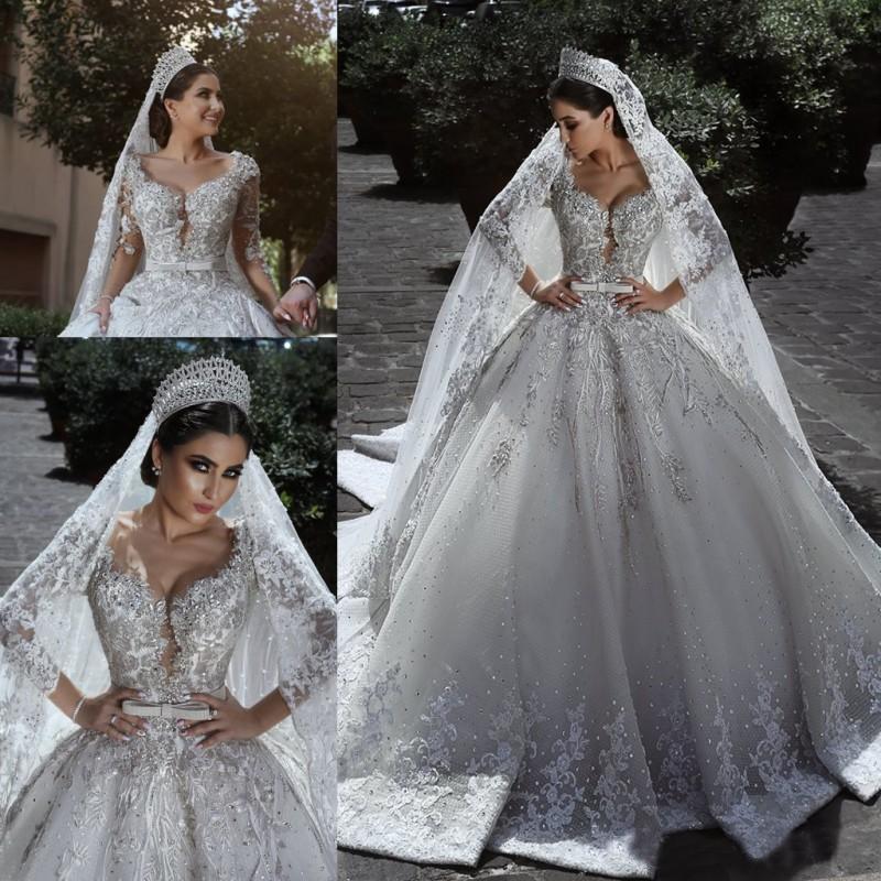 Sexy Ball Gown Sweetheart Long Sleeve Lace Appliques Tulle Long Wedding Dresses JS70