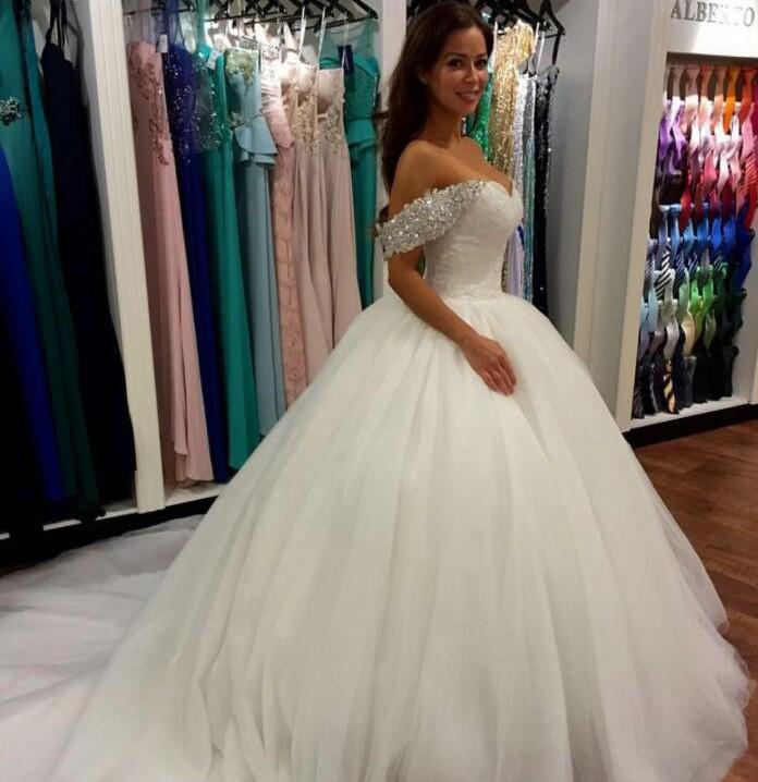 Wonderful Ball Gown Beaded Off the Shoulder Sweetheart Tulle White Wedding Dresses JS685