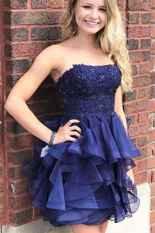 Dark Blue A-line Strapless Cute Homecoming Dresses Short Prom Dresses