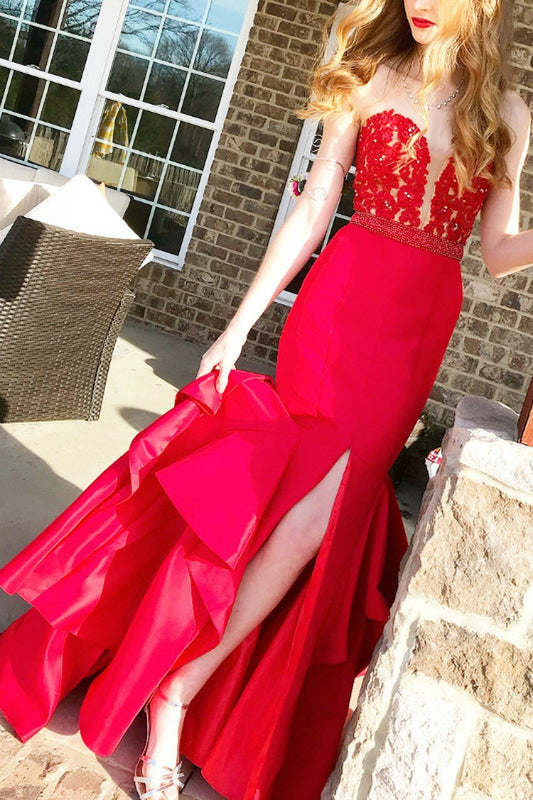 Plunging Sweetheart Lace Red Mermaid Prom Gown with Ruffled Skirt,Evening Dresses