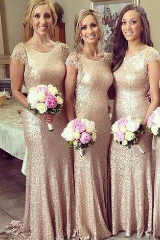 sparkle long champagne sequin bridesmaid dress lace sleeves bridesmaid dress JS717