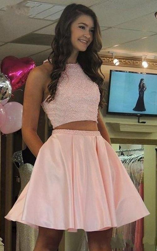 Two Pieces Beaded Fashion Sexy Short Satin Cute New Style Homecoming Dress JS441