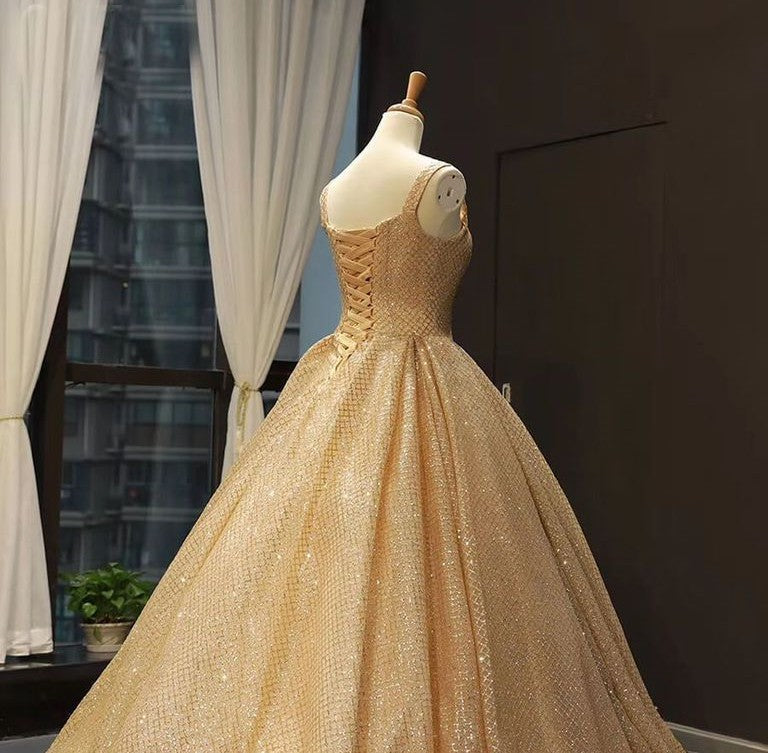 Ball Gown Prom Dress with Pockets Beads Sequins Floor-Length Gold Quinceanera Dresses