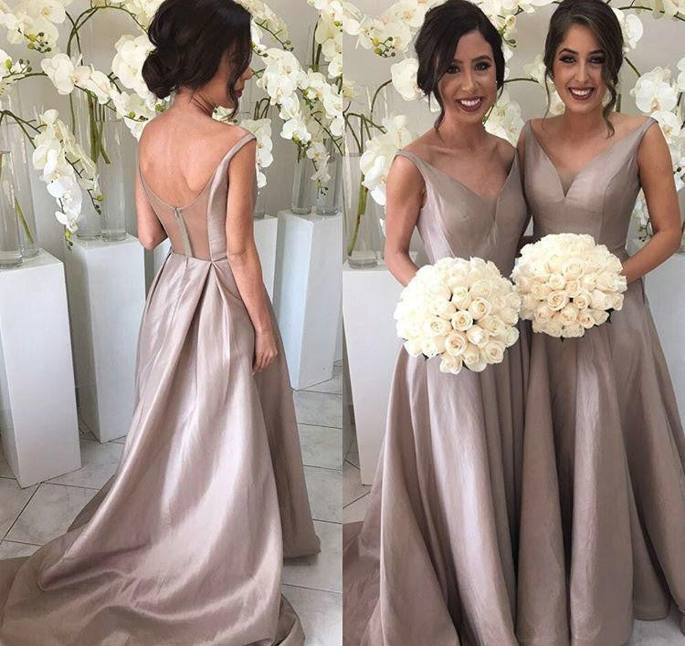 V Neck Bridesmaid Dresses A Line Satin Sweep Train Zipper Up