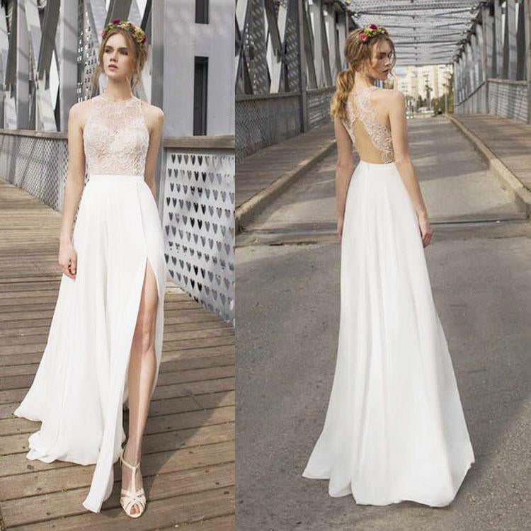 White Side Split Prom Dress Open Back Beach Wedding Dress