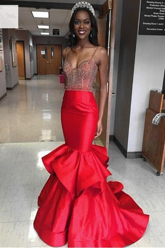 Red Mermaid Prom Pageant Dress with Beaded Bodice,Formal Evening Dresses